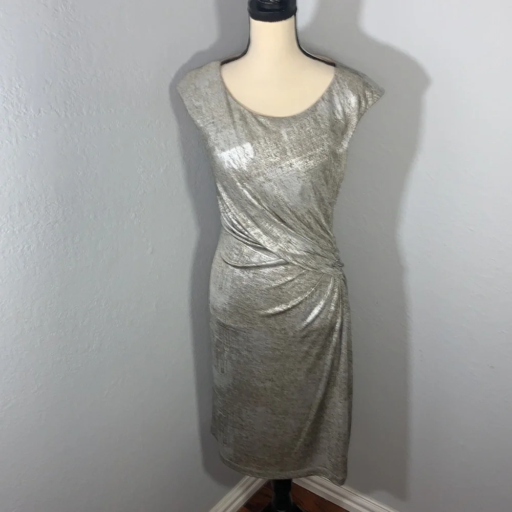 Connected Apparel Metallic Gold Faux Wrap Midi Dress Size 8 Holiday Party